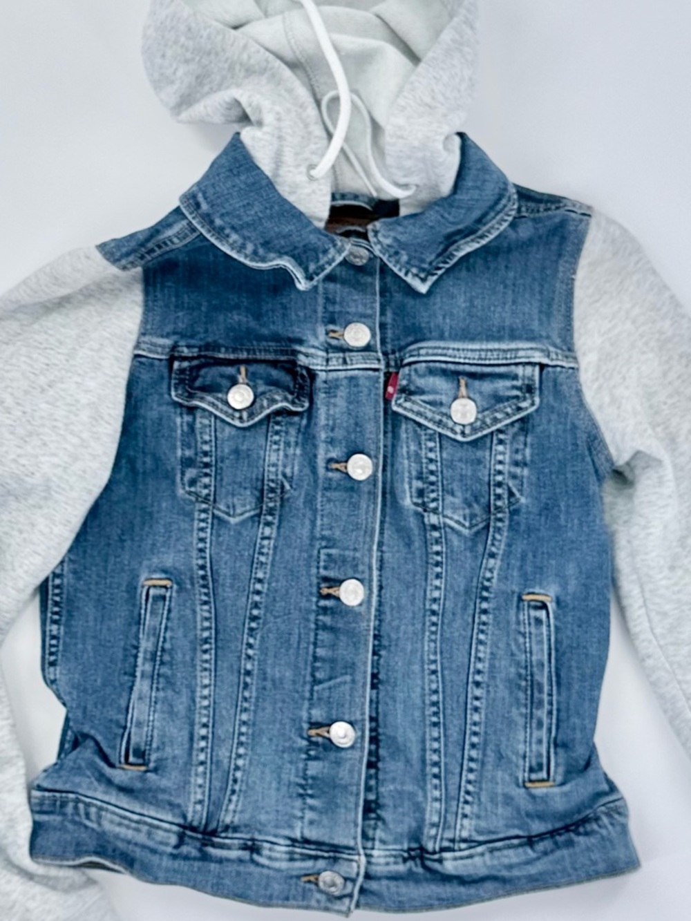 Leviβs Denim Jacket XS Hooded Trucker Jacket Gray Hoodie Sleeves Layered Look